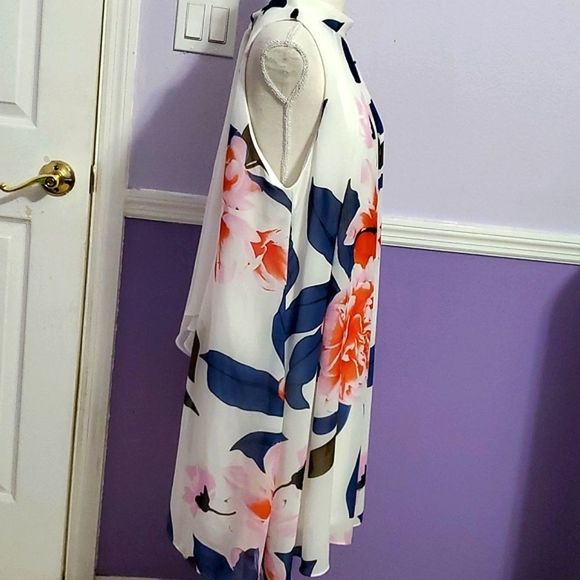 Signature Robbie Bee Off White Colorful Floral High Neck Shift Flowy Mini Dress - Picture 6 of 13